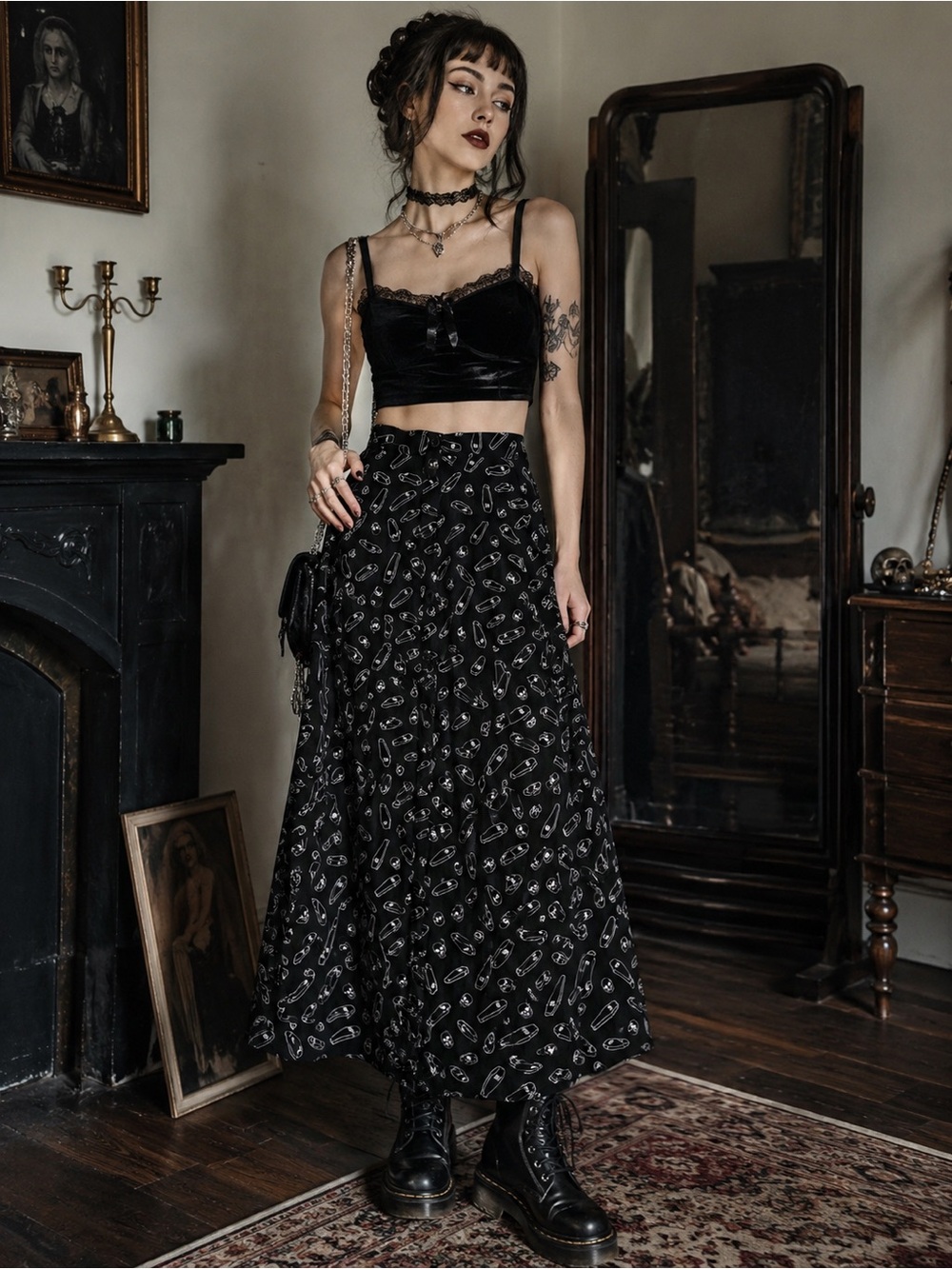 Hot Topic Black Maxi Skirt with White Coffin Print